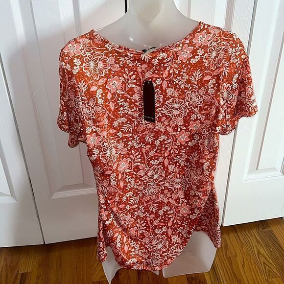 Wrapper Paisley Floral Orange Silky Keyhole Top Blouse Shirt Top medium m - Picture 3 of 7
